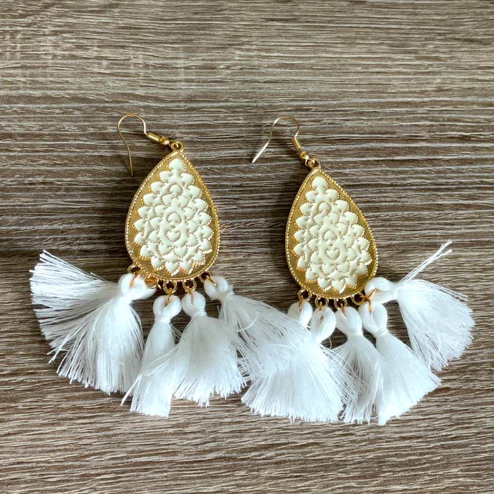 NEW Boho White & Gold Tassel Earrings